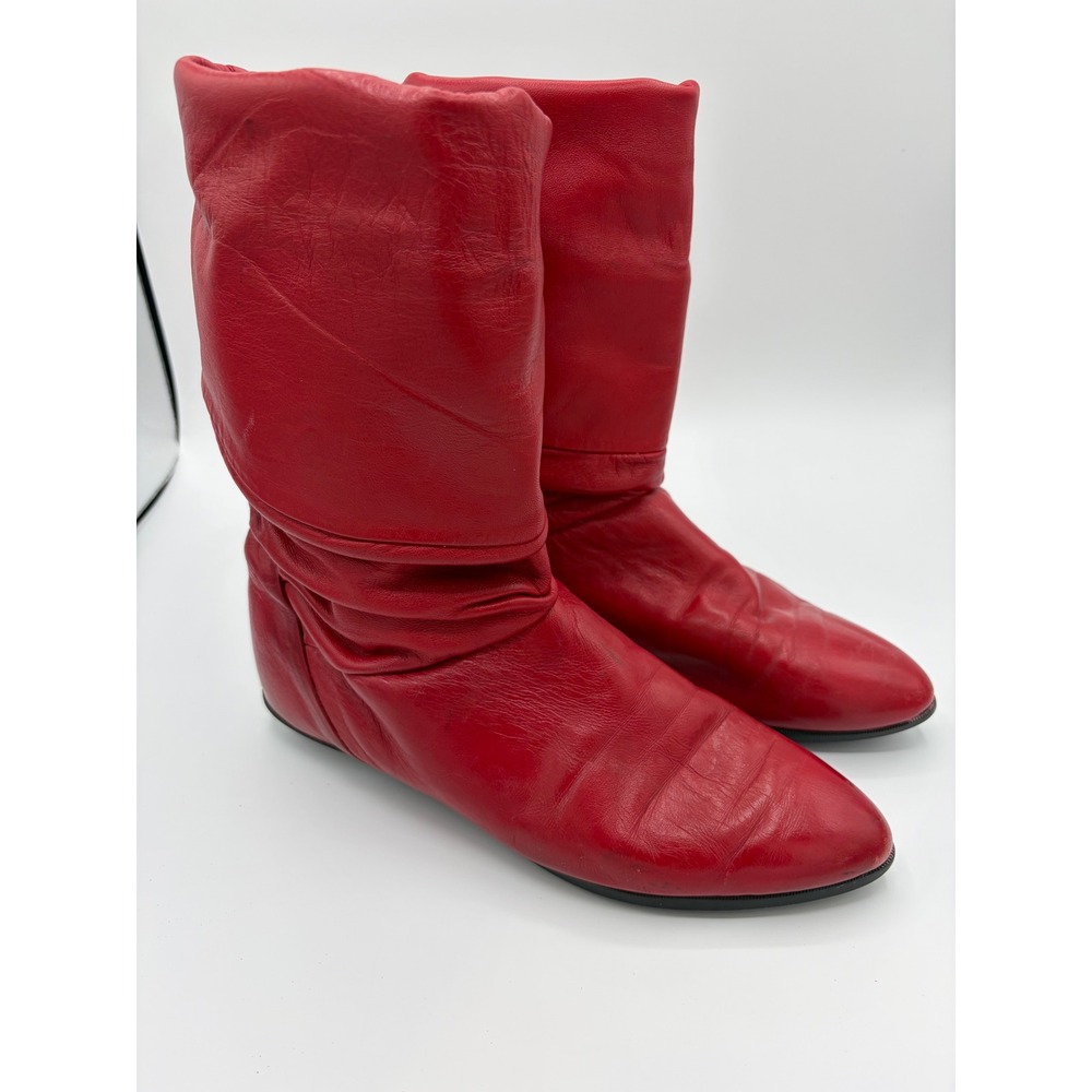 Vintage Dexter Red Leather Slouch Boots Made in USA Pointed Toe Flat Womens 5.5